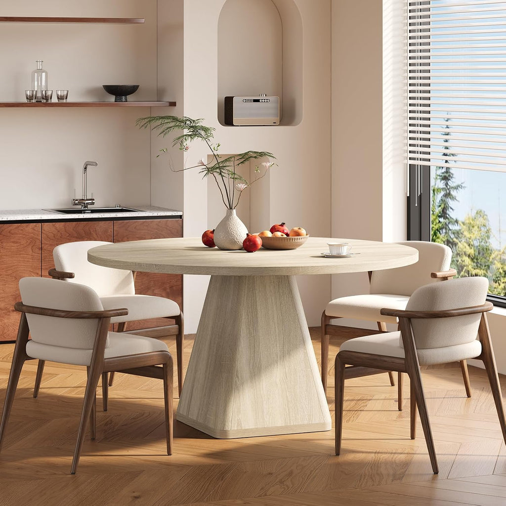 47 Inch Round Dining Table for 4-6, Circle Kitchen Table with Thickened Tabletop, Modern Dining Room Tables with Square Pedestal Base, Dinner Tables for Kitchen Small Space, Oak (Table Only)