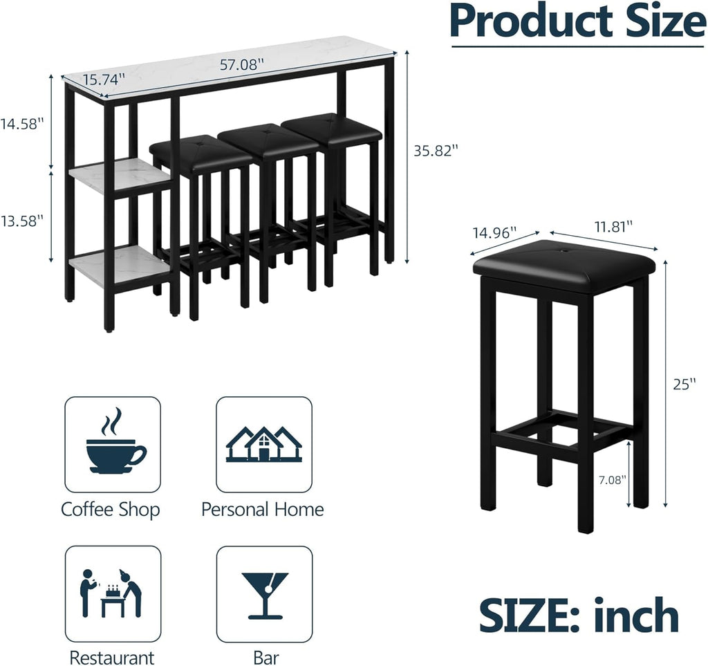HUGROVE 4-Piece Counter Height Table with 3 PU Upholstered Bar Stools, 57.08" Faux Marble Table Top with Storage, Modern Bar Table and Chairs Set for Kitchen, Living Room, Small Space, Pub (Charcoal)