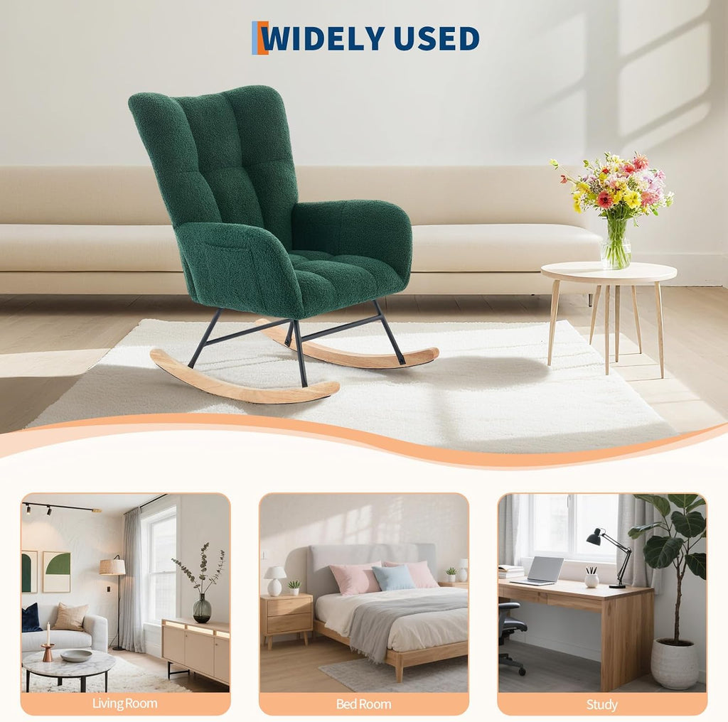 GarveeLife Nursery Rocking Chair,Teddy Upholstered Padded Seat Rocking Chair with High Backrest,Modern Accent Recliner for Living Room, Bedroom, Cozy Reading