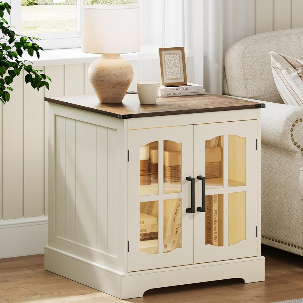 ChooChoo Farmhouse End Table with Charging Station, 24" Large Sofa Side Table with LED, Square Nightstand with Glass Barn Door, Bedside Table with Storage for Living Room, Beige（Cream and Brown