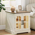 ChooChoo Farmhouse End Table with Charging Station, 24" Large Sofa Side Table with LED, Square Nightstand with Glass Barn Door, Bedside Table with Storage for Living Room, Beige（Cream and Brown