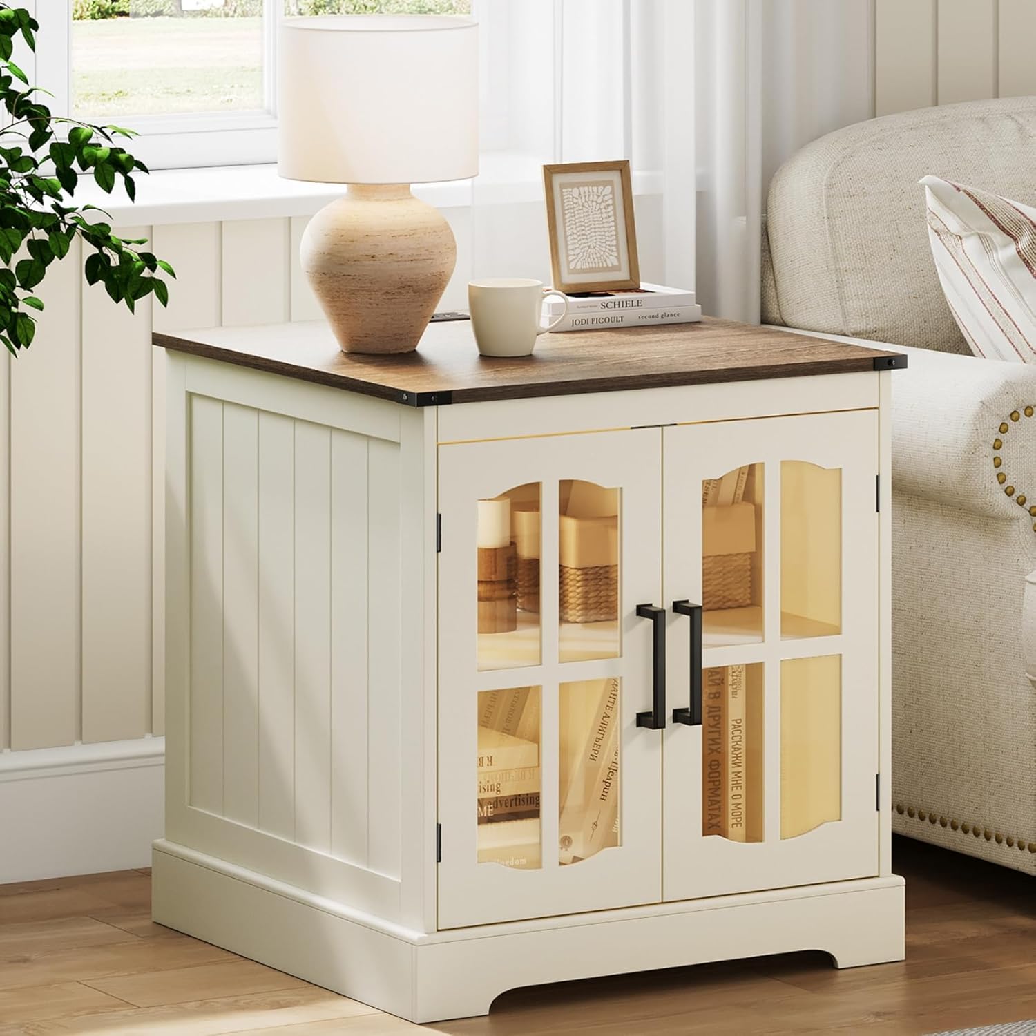 ChooChoo Farmhouse End Table with Charging Station, 24" Large Sofa Side Table with LED, Square Nightstand with Glass Barn Door, Bedside Table with Storage for Living Room, Beige（Cream and Brown