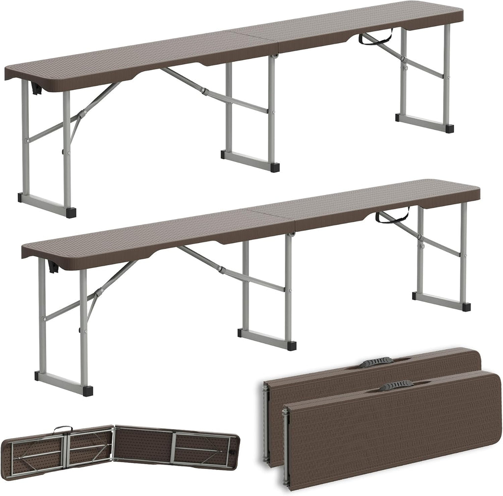 6ft Plastic Folding Bench with Carrying Handle & Lock, Portable Outdoor Bench in Garden Picnic Camping Dining Party Seat, Waterproof Bench for Soccer Activities, Ratten Patterned(2 Pack)