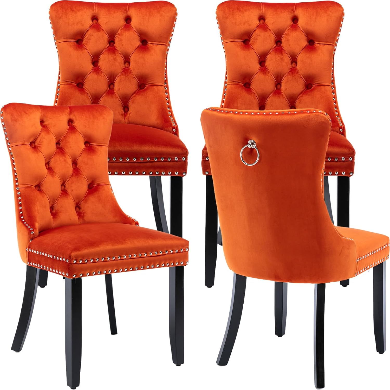 Modern Dining Chairs Set of 4, Tufted Upholstered Dining Chair with Solid Wood Legs, Orange Velvet Accent Chair, Sillas de Comedor, 4 Dining Chairs (Orange, Velvet, 4Pcs)