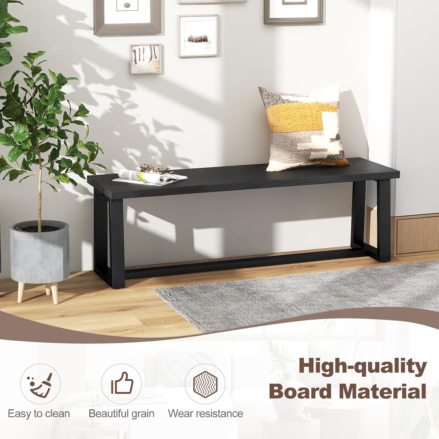 Giantex 56.5" L Wood Dining Bench, Industrial Table Bench w Metal Frame, Adjustable Footpads, 440LBS Load Capacity, Farmhouse Bench for Kitchen, Dining, Living Room, Entryway (Black, Rectangular)