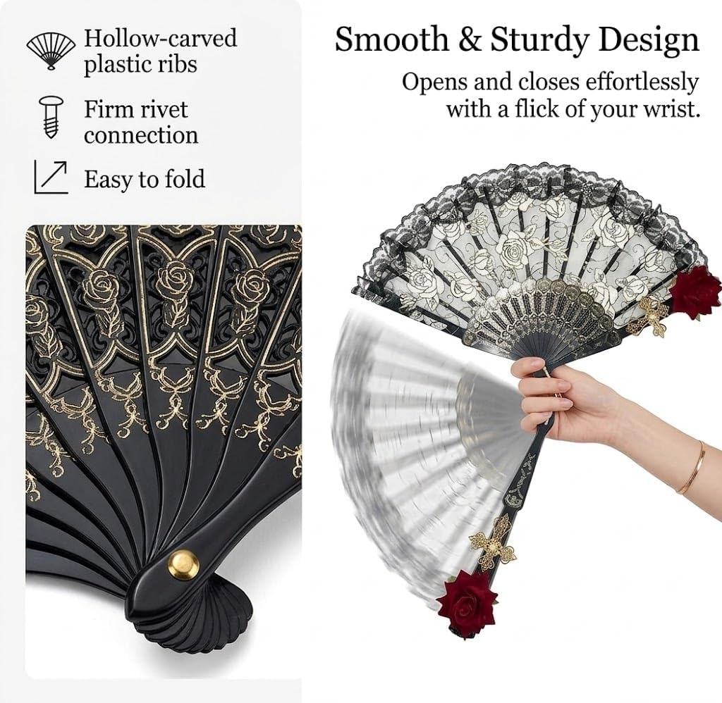 Gothic Lace Folding Hand Fan with Red Rose & Cross, Vintage Black Floral Fan for Lolita, Cosplay, Halloween, and Wedding, Elegant Victorian Style Fan for Women