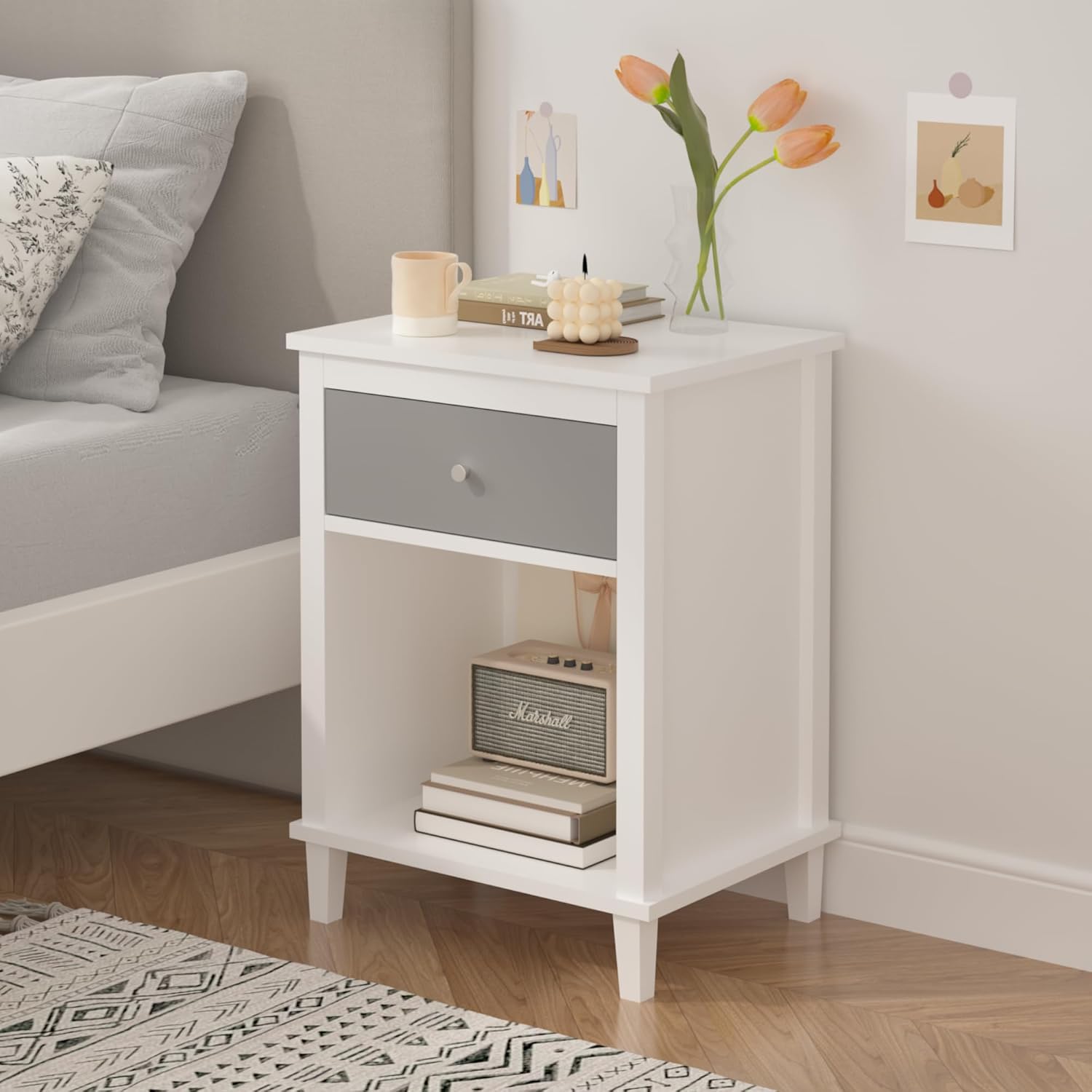 Kids Nightstand with One Drawer Modern Kids Bedside Table with Open Storage Shelf Wood End Side Table Toddler Nightstand for Bedroom Living Room (Grey)