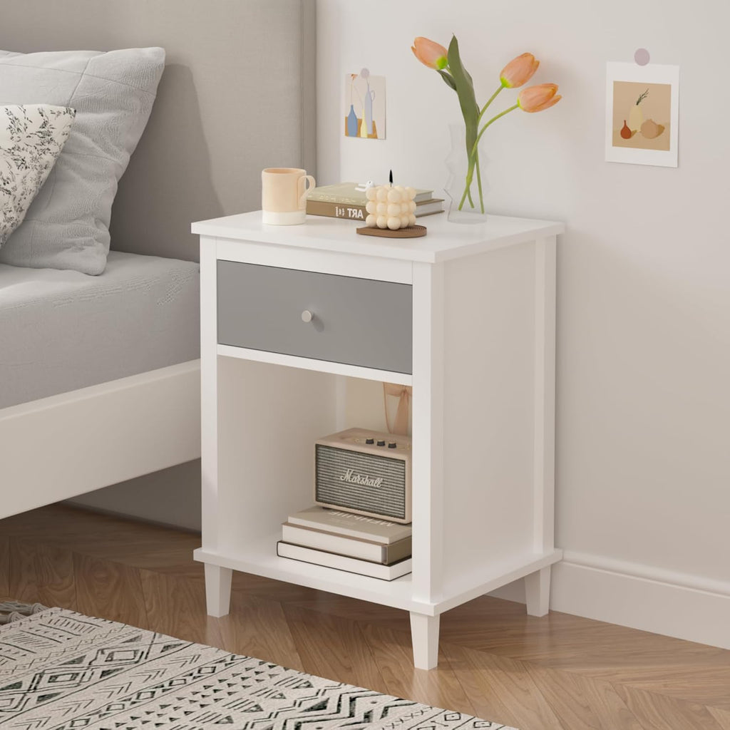 Kids Nightstand with One Drawer Modern Kids Bedside Table with Open Storage Shelf Wood End Side Table Toddler Nightstand for Bedroom Living Room (Grey)