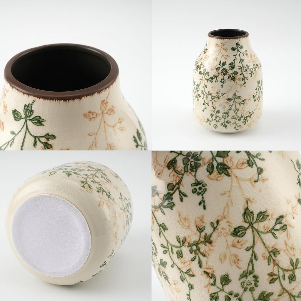 7.8Inch Green and Beige Vintage Vase, Chinoiserie Floral Vase, Rustic Ceramic Large Vases for Home Decors, Living Room, Bookshelf, Office, Grand Millennial Decor, Chinoiserie Decors, Tuscan Decor