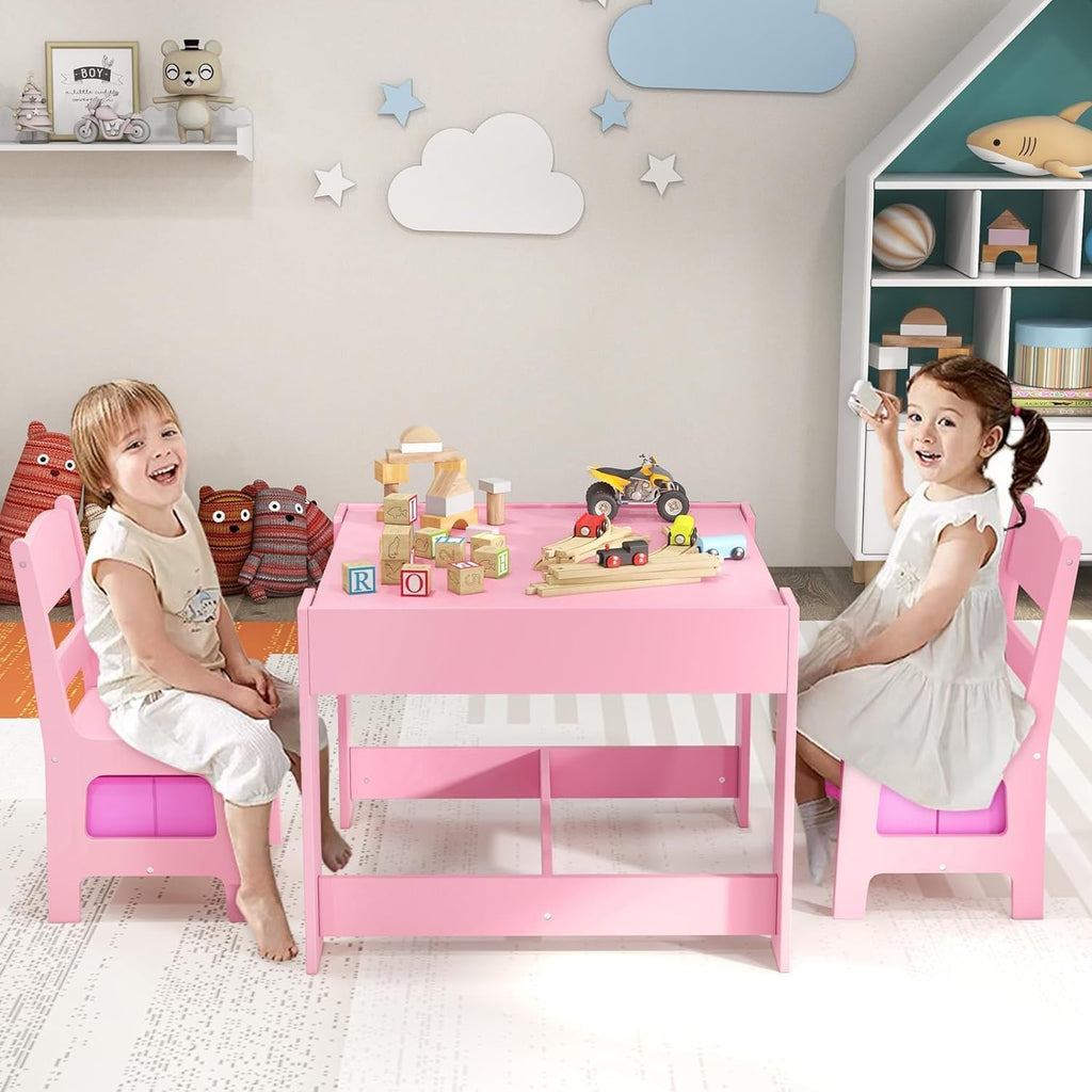 LDAILY Kids Table and Chairs, 3 in 1 Wooden Kids Table with Storage Drawer, Removable Blackboard, Reversible Tabletop, Toddler Table and Chair Set for Drawing, Reading (Pink)