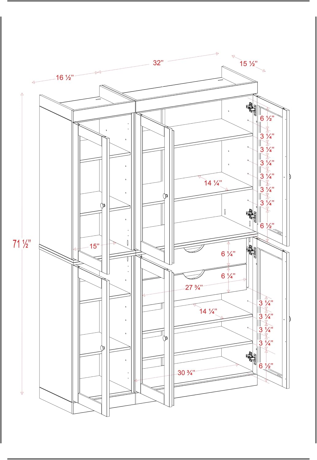 Palace Imports 100% Solid Wood 48.5" Pantry China Cabinet with Clear Glass Doors, 2-Drawers and Adjustable Shelves (Gray)