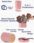 Utensil Holder, 7.2" Kitchen Utensil Holder for Counter, 2-in-1 Ceramic Cooking Utensils Holders with Spoon Rest, Utensil Crock for Spatula, Ideal Housewarming Gift (Pink)