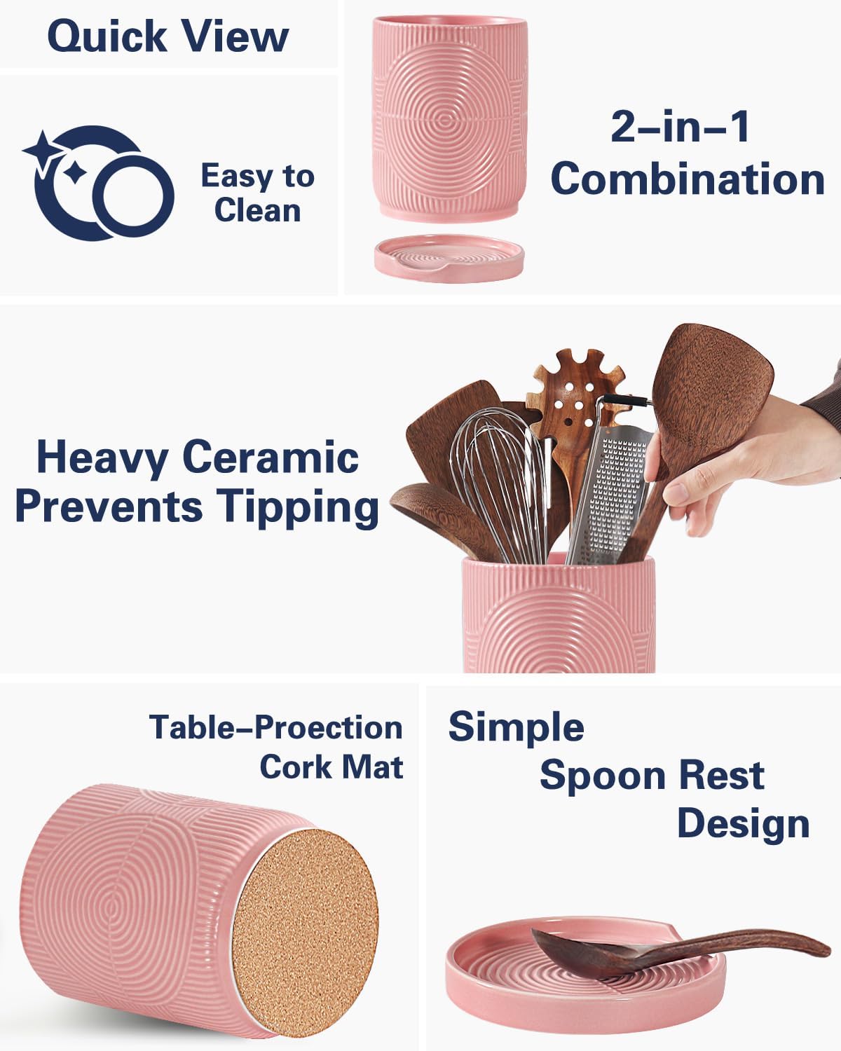Utensil Holder, 7.2" Kitchen Utensil Holder for Counter, 2-in-1 Ceramic Cooking Utensils Holders with Spoon Rest, Utensil Crock for Spatula, Ideal Housewarming Gift (Pink)