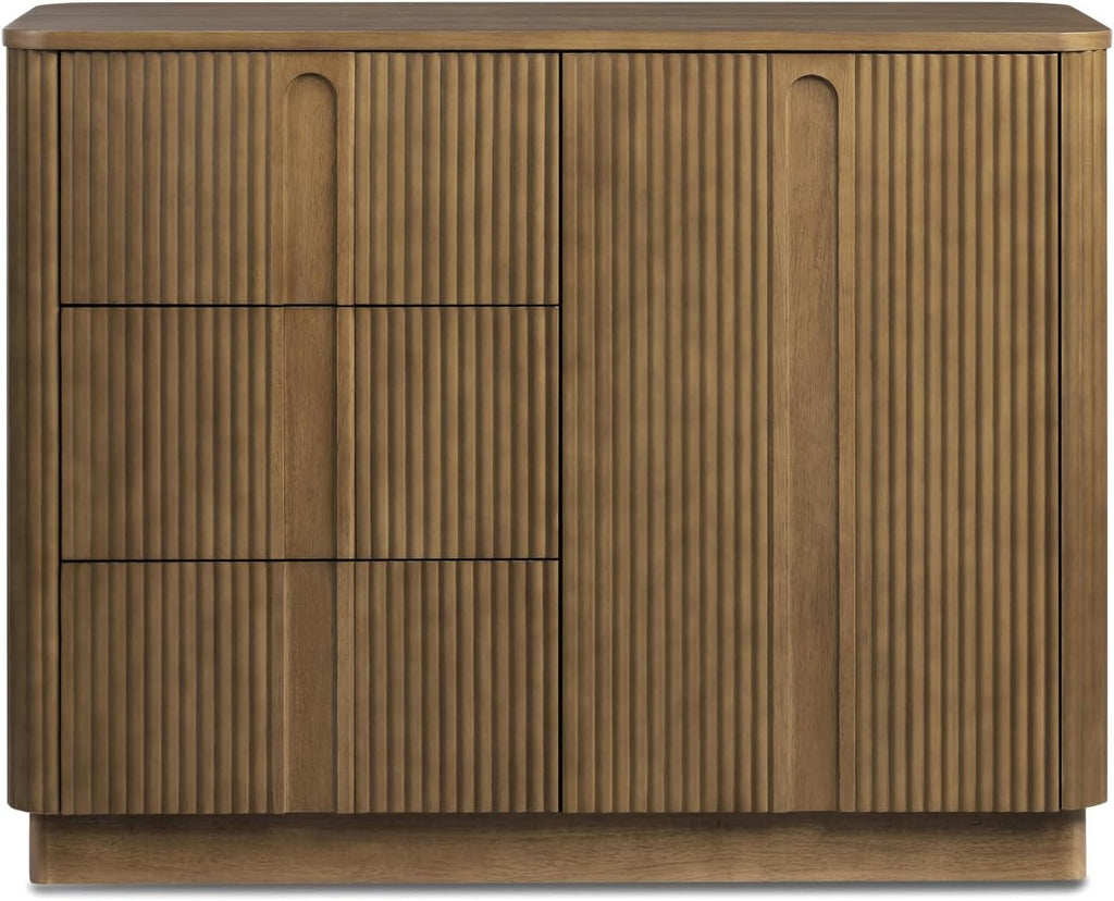Teamson Home 42'' W Scandinavian Style Sideboard with 3 Drawer 1 Door and Adjustable Shelf, Solid Wood Frame, Push to Open and Acacia Veneer Living Room Storage Furniture in Greige