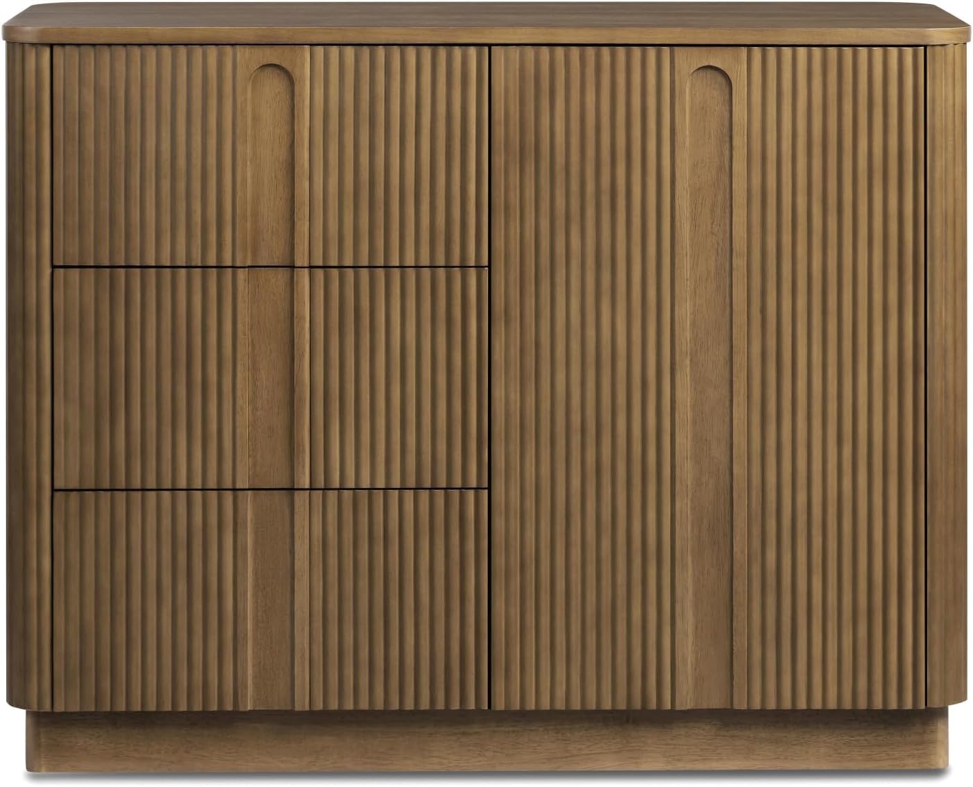 Teamson Home 42'' W Scandinavian Style Sideboard with 3 Drawer 1 Door and Adjustable Shelf, Solid Wood Frame, Push to Open and Acacia Veneer Living Room Storage Furniture in Greige