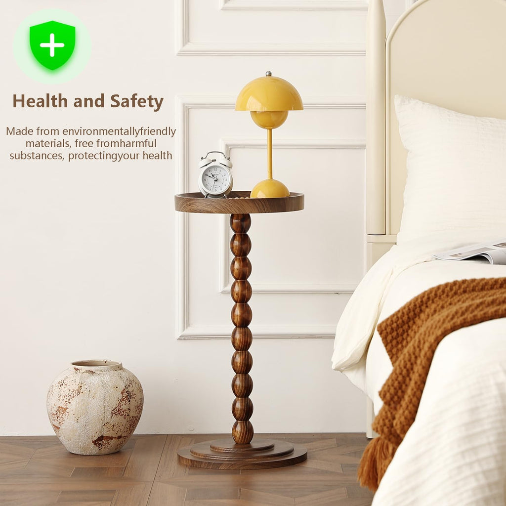 Small Round SideTable, Drink Table Martini Table for Small Spaces, Tall End Table with Solid Wood Leg, Pedestal Side Table for Living Room Sofa Bedroom Bedside (Dark Walnut)