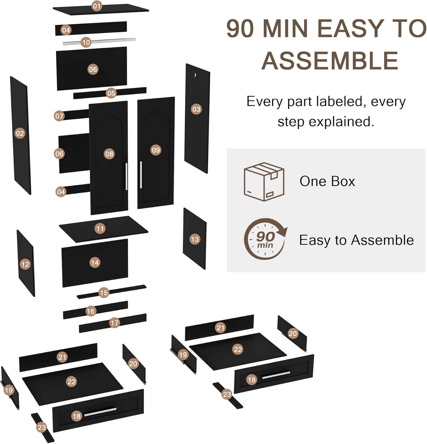 Einhomn Wooden Armoire Wardrobe Closet with 2 Doors and 2 Drawers,Freestanding Armoire Storage Cabinet with Shelves,Tall Clothing Storage Cabinet Suitable for Bedroom,Black