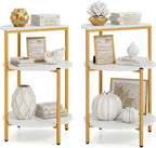 GOFLAME Gold End Table, Round Sofa Side Table with Storage Shelves 3-Tier, Metal Frame, Modern Bedside Tables, Narrow Compact Nightstand for Small Spaces, Living Room, Bedroom, White & Gold (2)