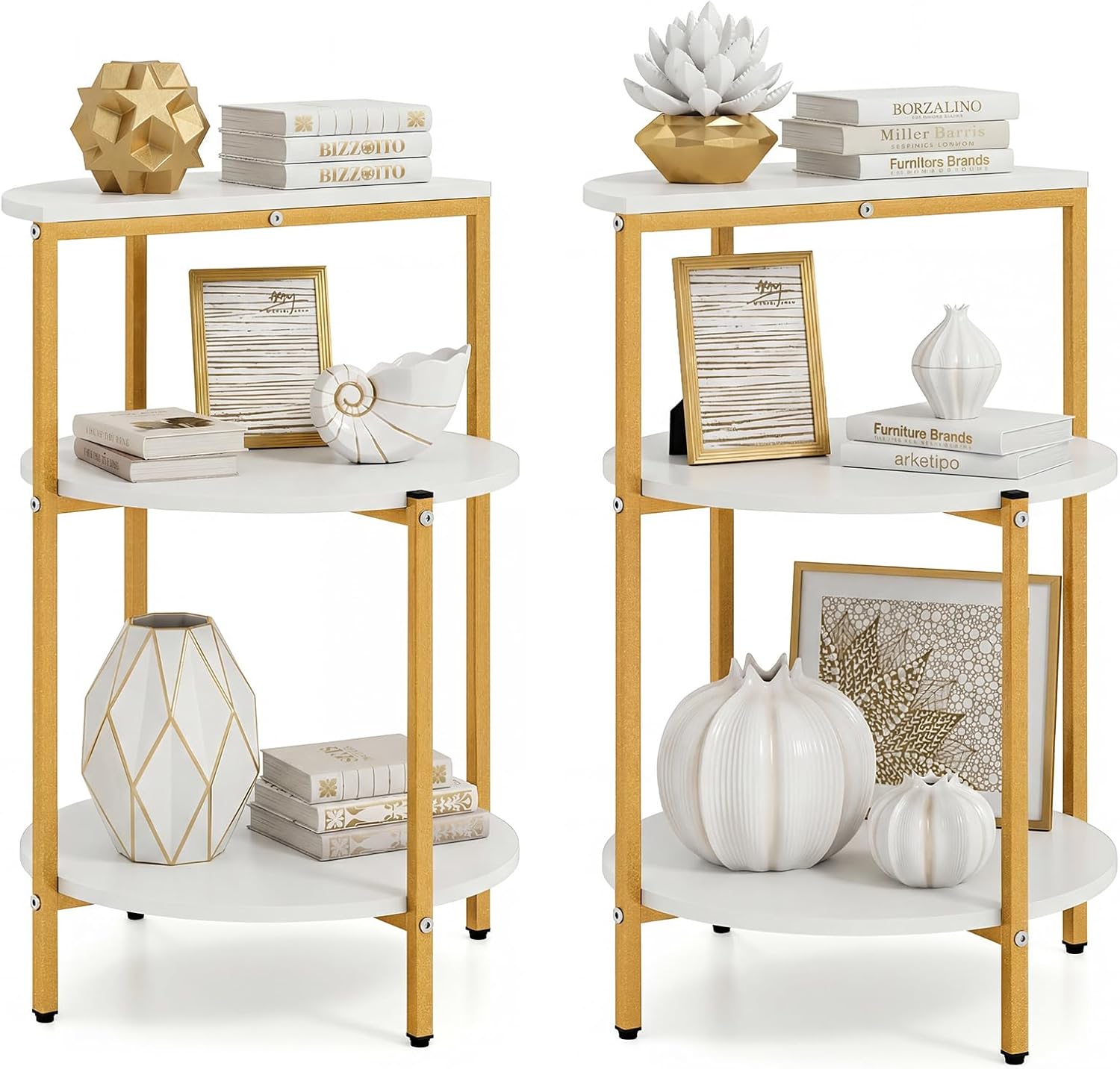 GOFLAME Gold End Table, Round Sofa Side Table with Storage Shelves 3-Tier, Metal Frame, Modern Bedside Tables, Narrow Compact Nightstand for Small Spaces, Living Room, Bedroom, White & Gold (2)
