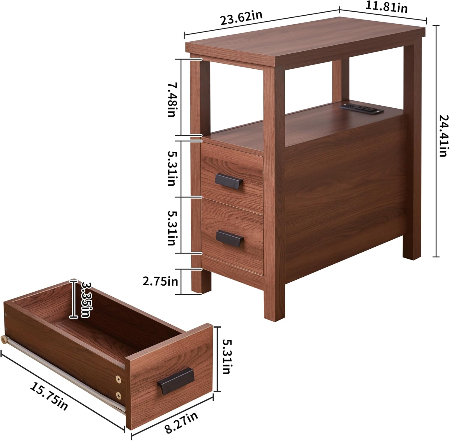 Farmhouse Side Table with Charging Station and 2 Drawers, Antique Nightstand with Open Shelf, Bedside Table for Bedroom and Living Room (Drawer Charger, Walnut)