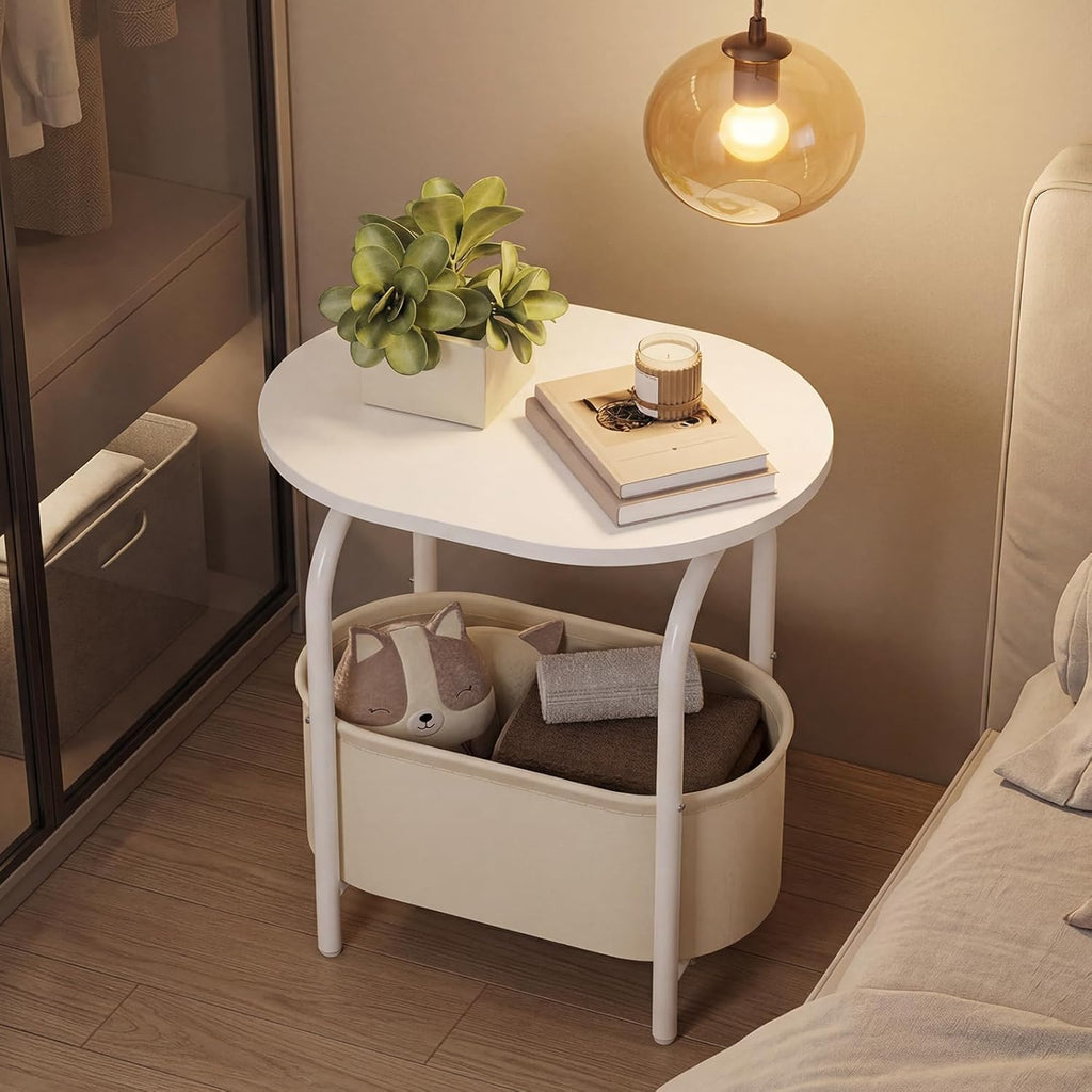 RALGEND Small Round Side Table with Fabric Basket Storage, Oval End Table for Small Spaces, Modern Coffee Bedside Table, Couch Side Table for Living Room, 15.7" X 11.8" X 24", White and Beige 8601BZWT