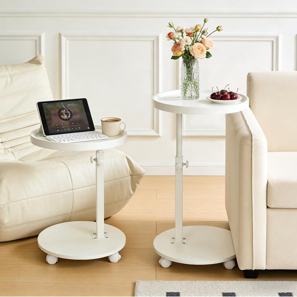 YYW C Shaped End Table Adjustable Height, 360°Swivel TV Tray Table for Small Spaces White