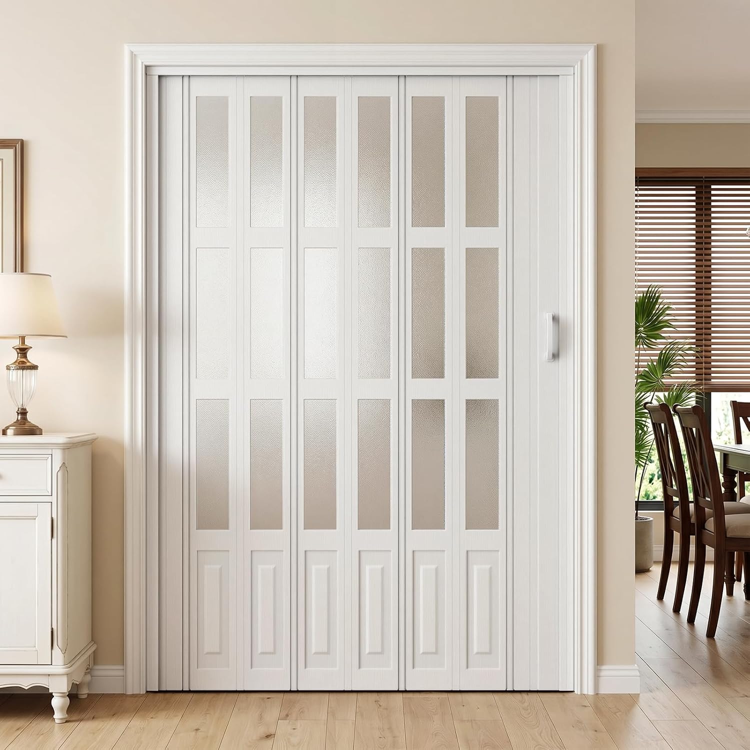 48X80in PVC Accordion Door with Latch&Handle&Hardware Kit, Double-Layer Thickened PVC Folding Interior Door with Frosted Glass - Blocks Views, Lets Light in, Utility&Room Divider (M)