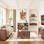 ONBRILL 44" Sideboard Buffet Cabinet with Outlet & 2 Open Storage Spaces, Fluted Sideboard Cabinet with Sliding Door & Adjustable Shelves, Mid-Century Accent Coffee Bar Console Table with Wooden Feet