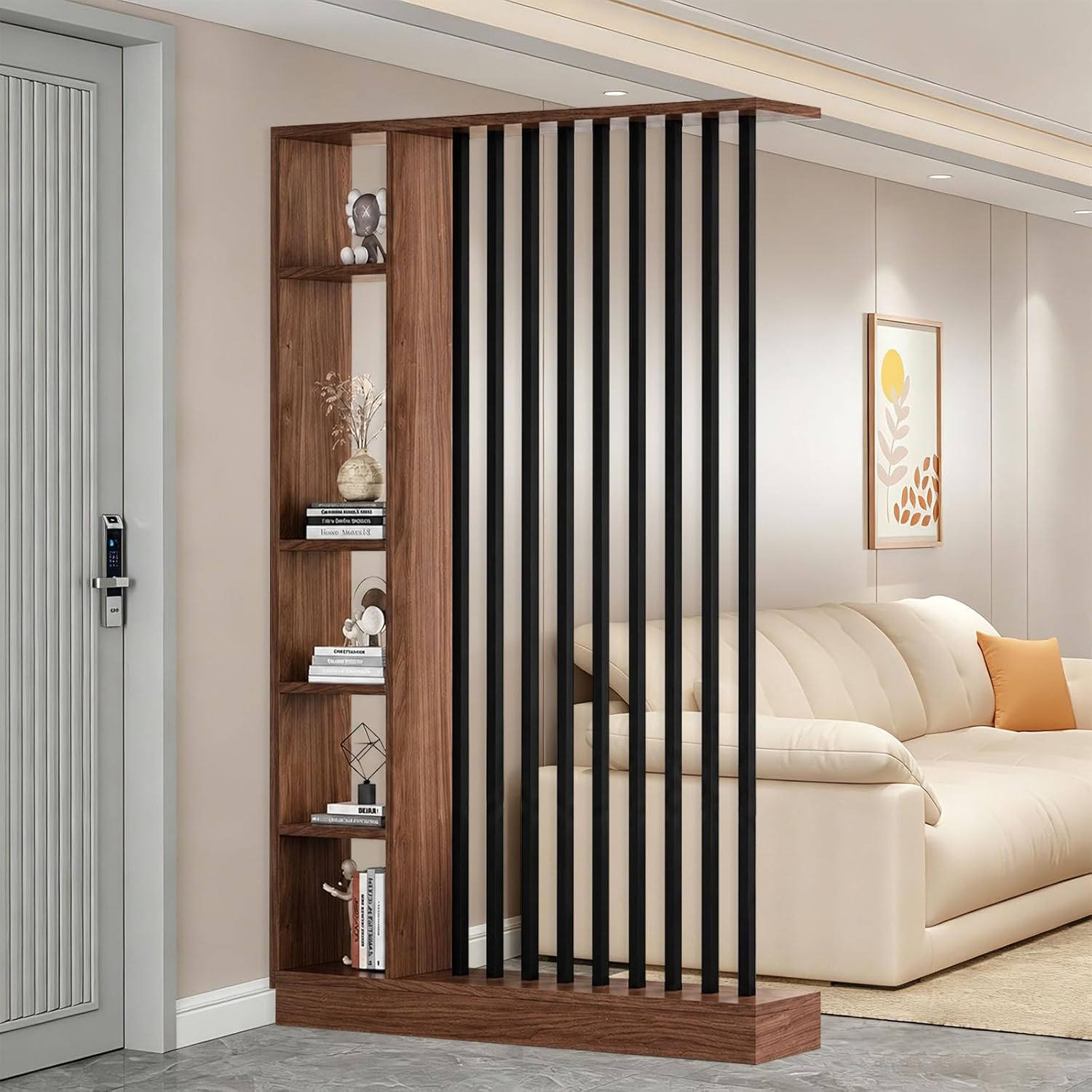 Wall Room Divider Entrance Hall Partition Screen Column Floor to Ceiling Wall Room Divider with Storage Shelves Modern Room Dividers with Shelves,Walnut+Black,L47×W9×H81