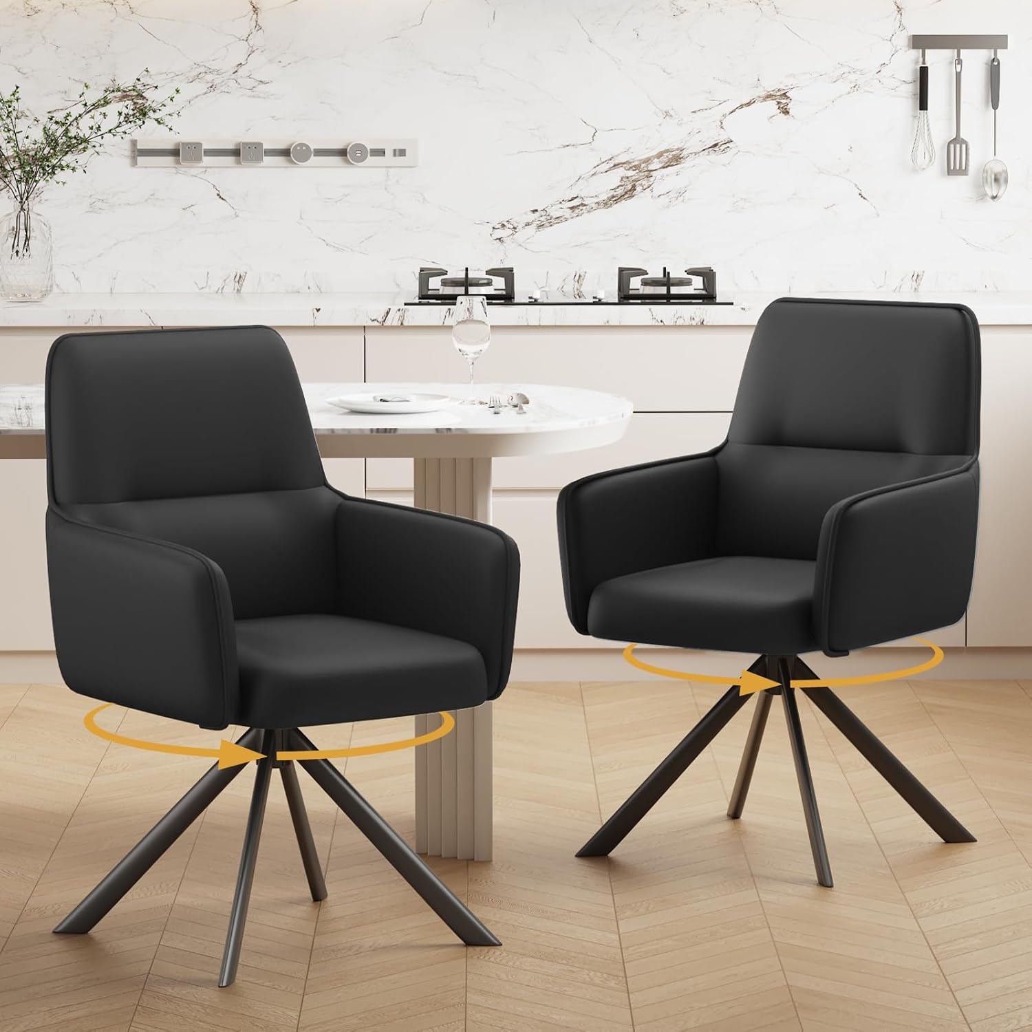 Furniliving Modern Swivel Dining Chairs Set of 2, Upholstered Dining Room Chairs with Thicken Cushion, 360°Swivel Dining Chairs with Metal Legs for Dining Room, Kitchen, Bedroom, PU, Black