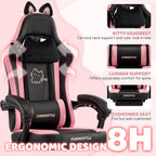 Gaming Chair with Footrest, Comfy Girly Video Game Chairs with Cat Ears Pocket Spring Cushion Massage Lumbar Support & Headrest, Ringing Accessories Cute Leather Ergonomic Computer Chair, Black/Pink