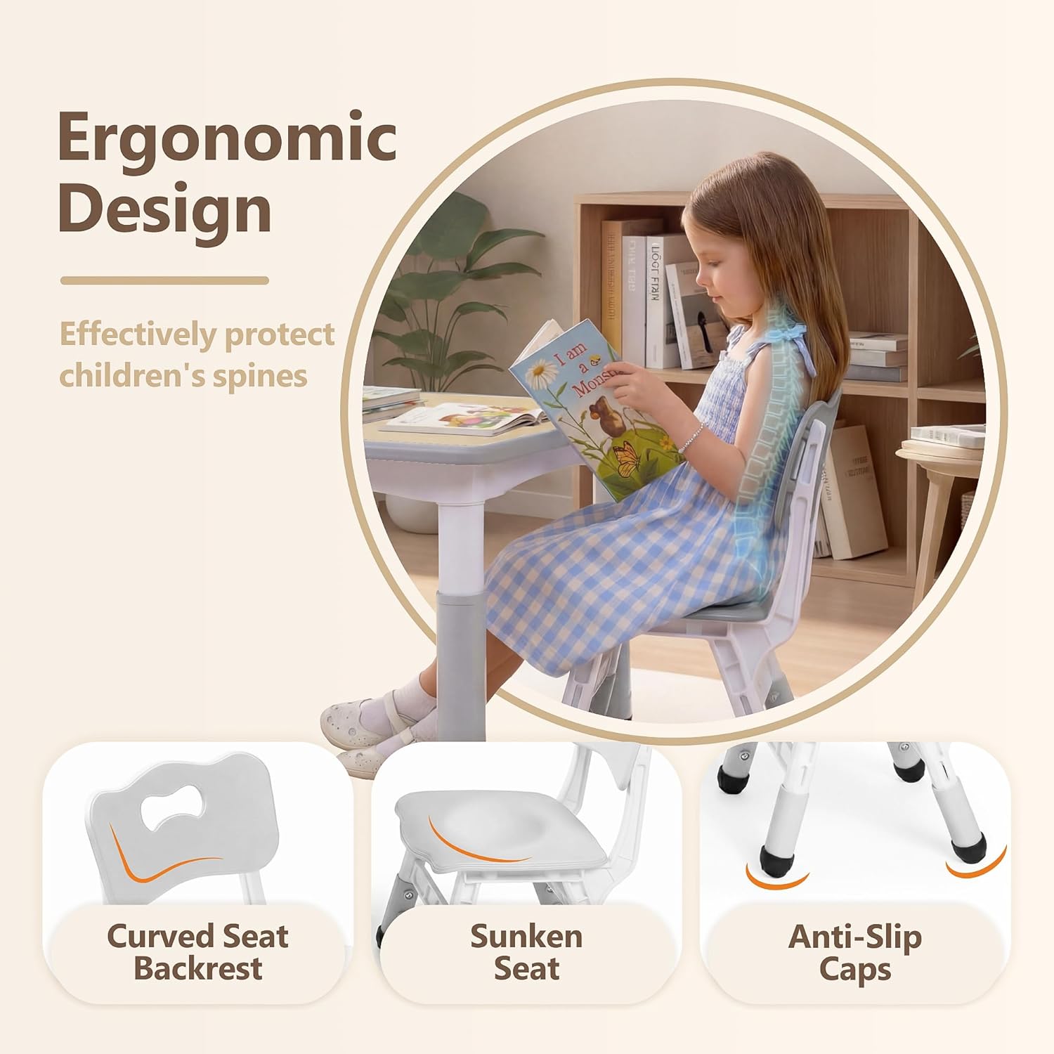 Kinder King Kids Table & 4 Chairs Set, Height Adjustable Children Activity Table w/Graffiti Tabletop, Toddler Furniture Set for Classroom, Daycare, Home, Age 3+, Grey