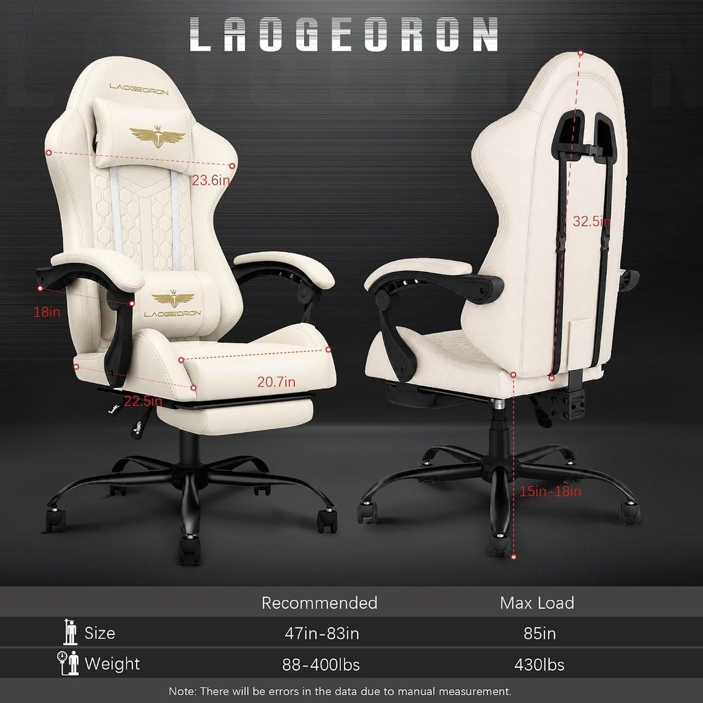 Gaming Chair, Heavy Duty Ergonomic Computer Gaming Chairs, High Back Video Game Chairs, 400 lbs Lumbar Support Linked Armrests Adult sillas Gamer with Retractable Footrest (Off-White)