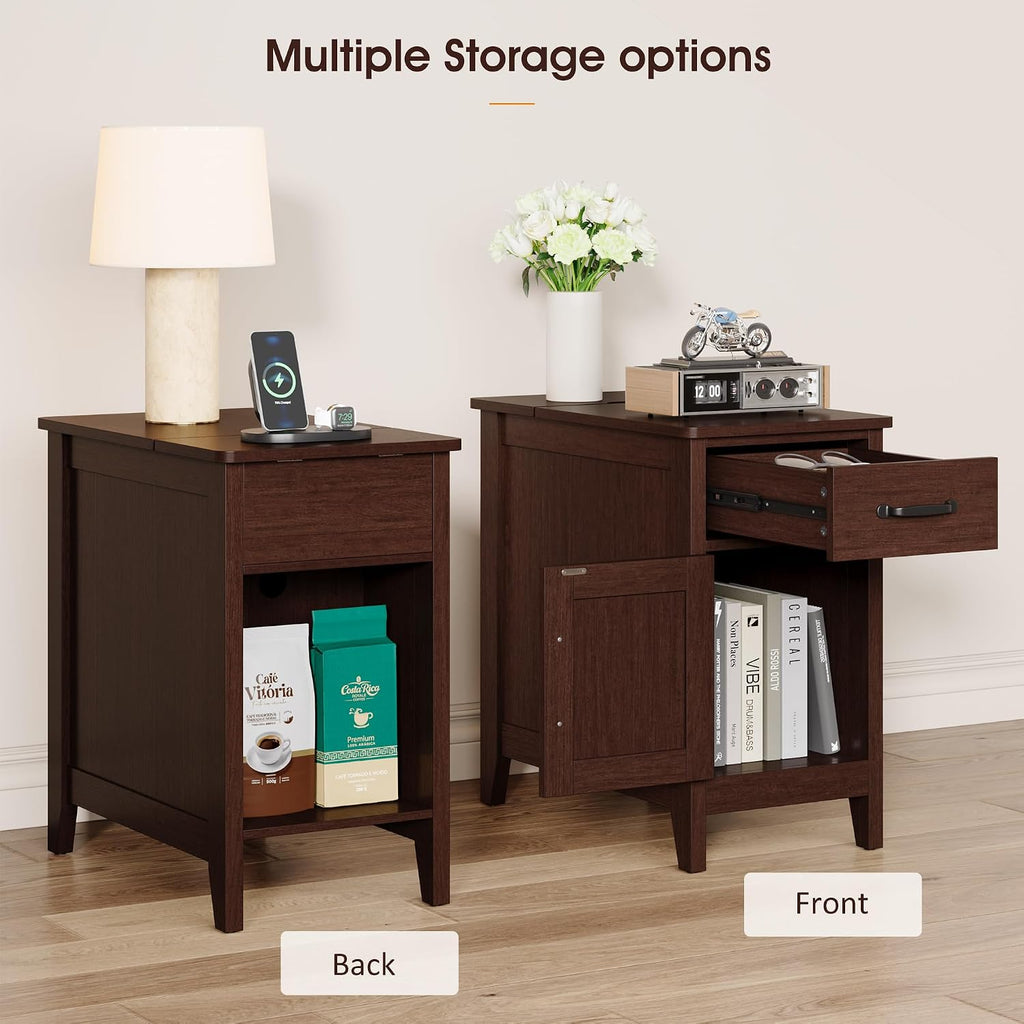 Side Table Set of 2 with Charging Station, 23.6" Tall End Table with Flip-Top Hidden Outlets & USB-C Port, Narrow Nightstand with Drawer and Storage Cabinet for Bedroom, Living Room,Small Spaces