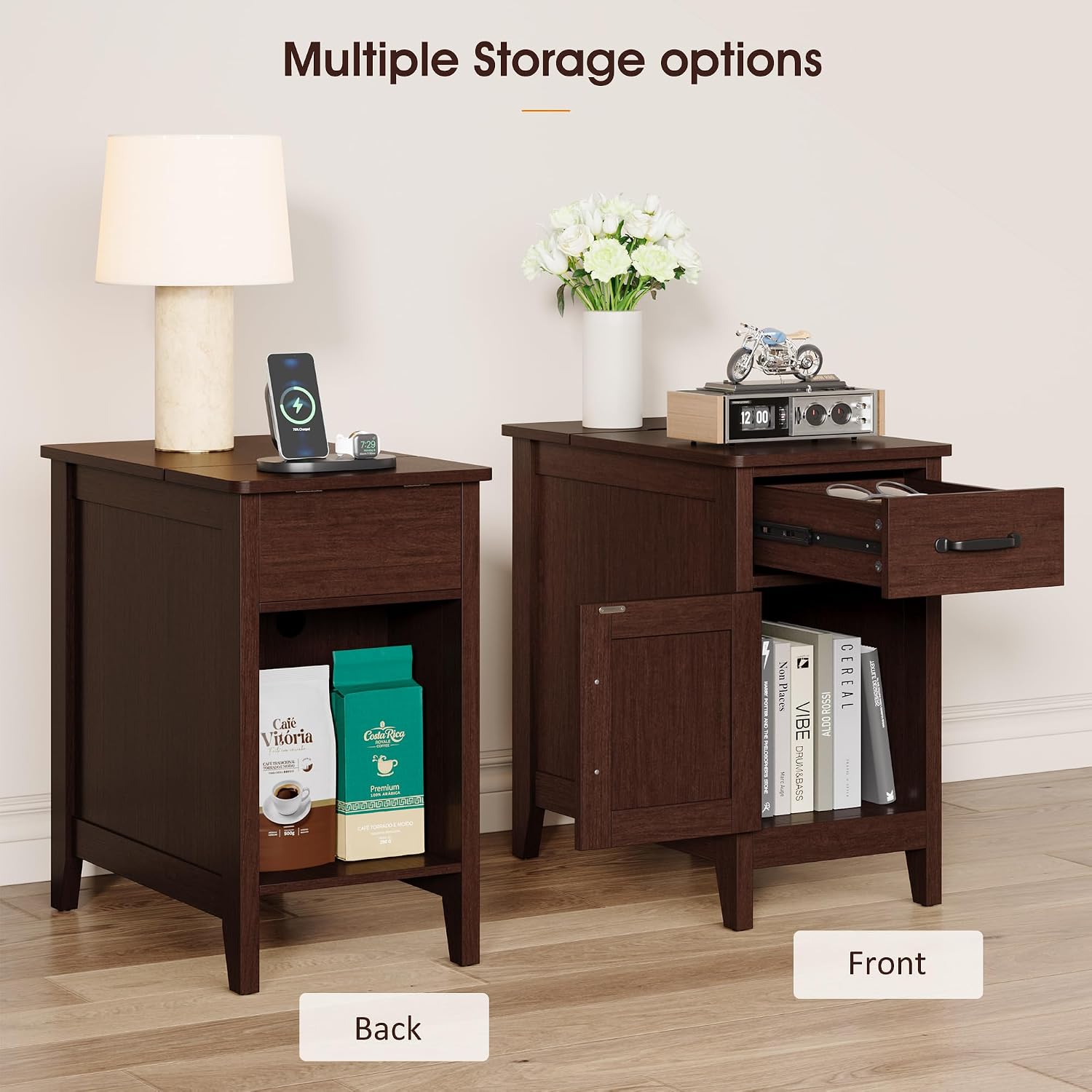 Side Table Set of 2 with Charging Station, 23.6" Tall End Table with Flip-Top Hidden Outlets & USB-C Port, Narrow Nightstand with Drawer and Storage Cabinet for Bedroom, Living Room,Small Spaces