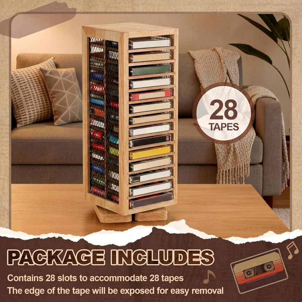 Ripeng Cassette Tape Holder, 28 Capacity 360° Rotating Double Sided Storage Rack, Natural Metal & Wood Display Shelf for Home, Music Studio