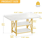 DWVO Dining Room Table 47 Inch Rectangle Dining Table for 4 People Modern Kitchen Table White Marble Dinner Table with Storage Shelf and Glod Metal Legs for Home Apartment White and Gold