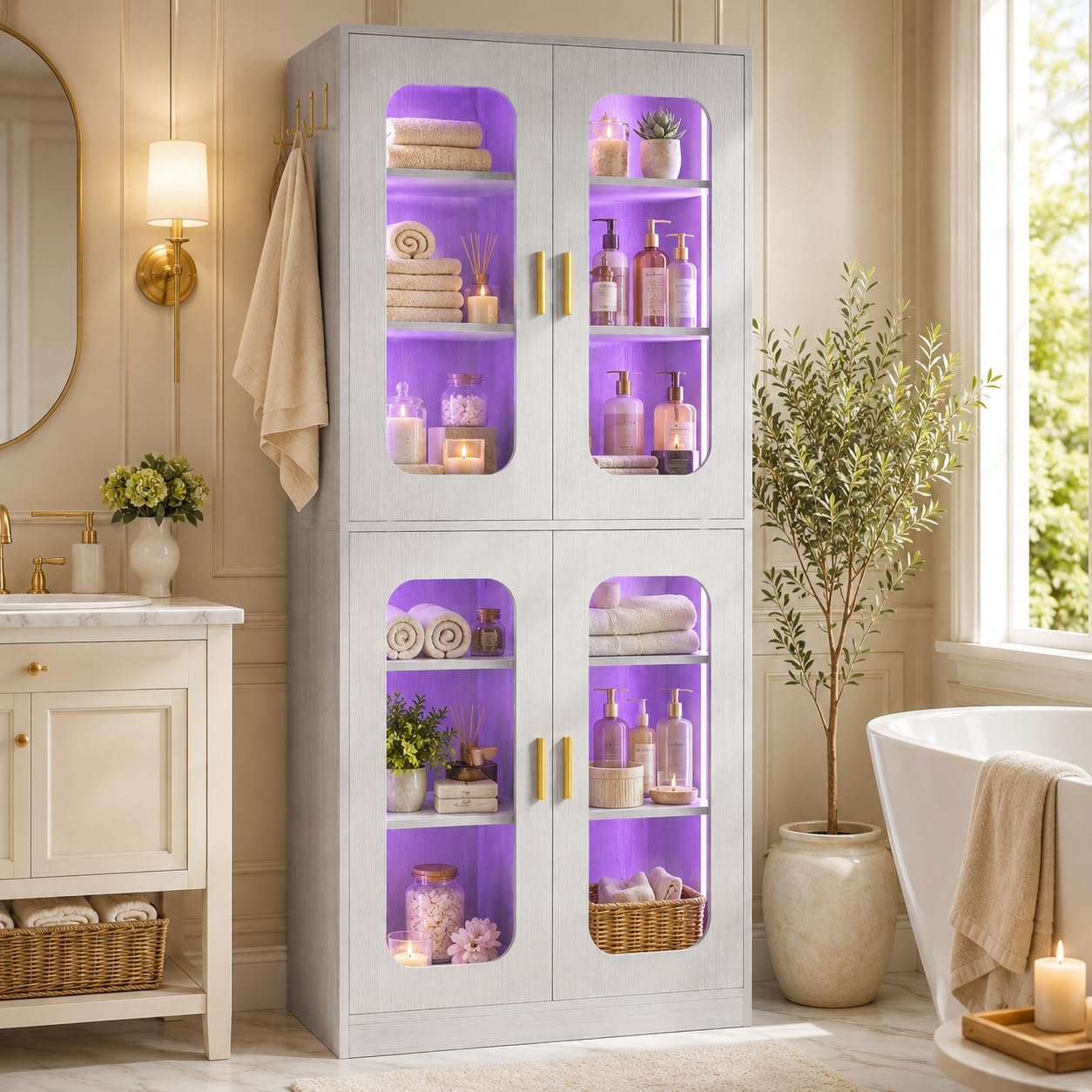 Cyclysio 67" LED Kitchen Pantry Cabinet with 6 Adjustable Shelves, Tempered Glass Doors, Built-in Color-Changing LED, Large Storage Cupboard for Kitchen, Dining, Living Room, and Bathroom, Grey