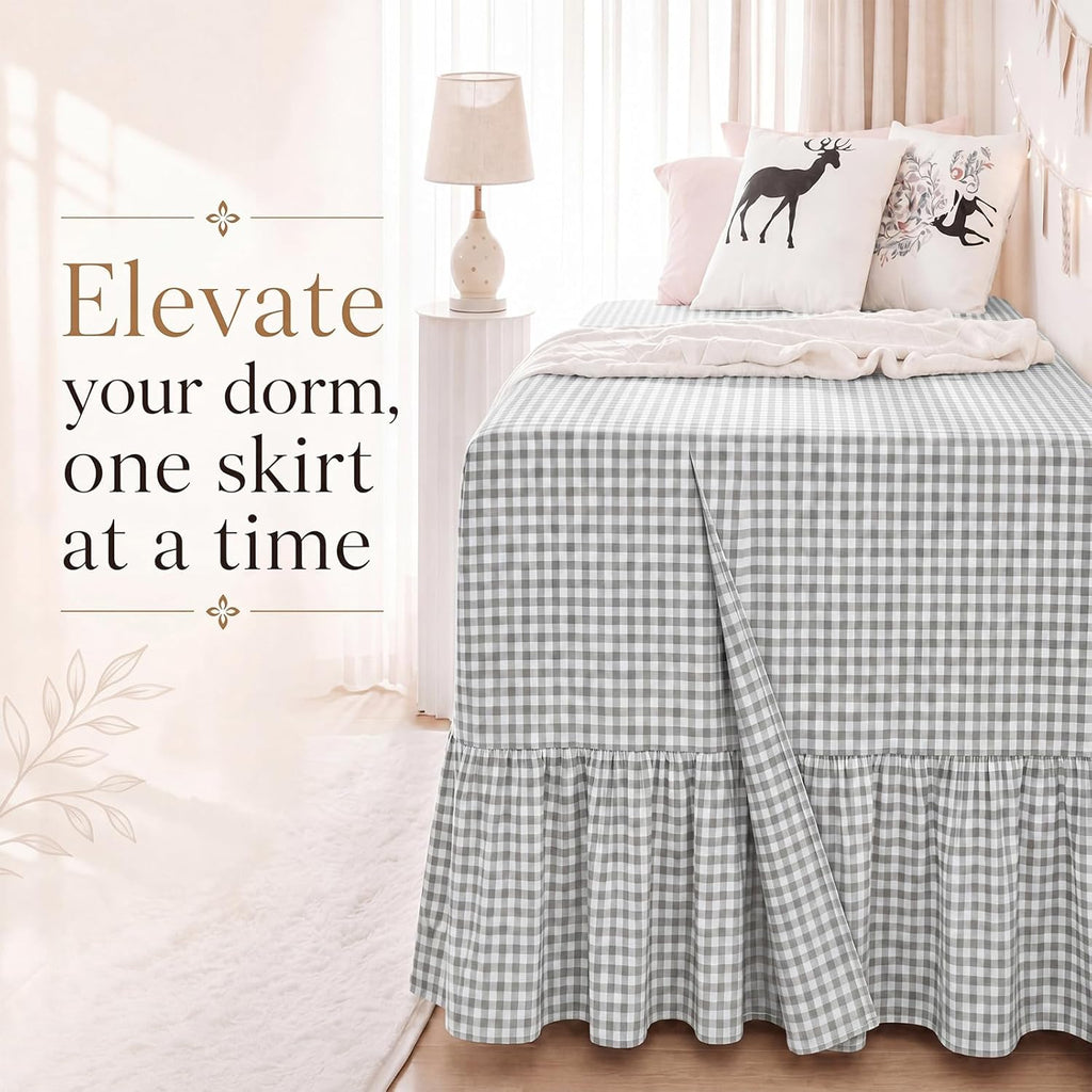 Tudomro Green Dorm Bed Skirt Twin XL 32 Inch Drop, Gingham Check with Ruffled Hem, Split Corners Microfiber Bed Skirts Soft Fabric Bedskirt for Dorm Bedrooms Easy to Install Clean