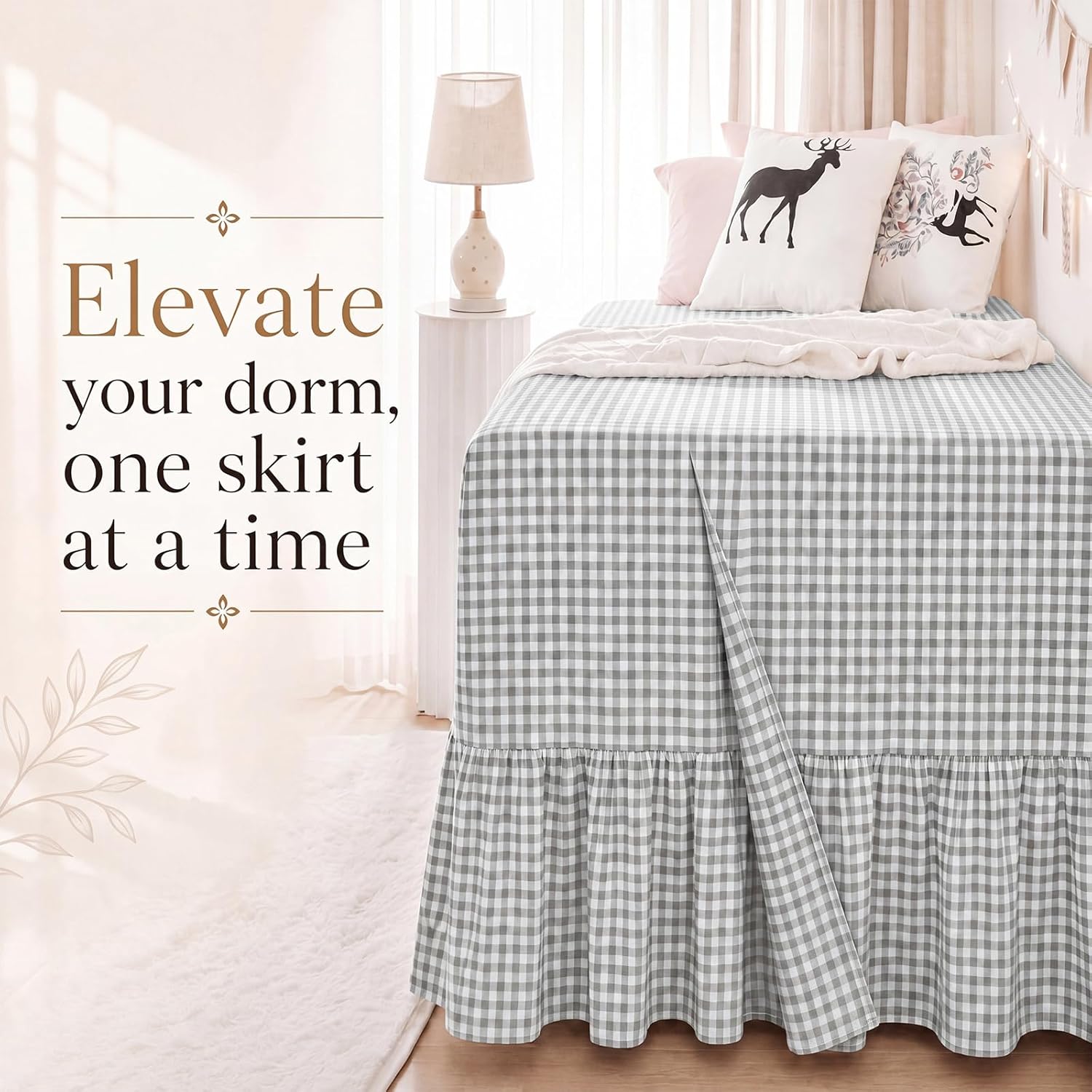 Tudomro Green Dorm Bed Skirt Twin XL 32 Inch Drop, Gingham Check with Ruffled Hem, Split Corners Microfiber Bed Skirts Soft Fabric Bedskirt for Dorm Bedrooms Easy to Install Clean