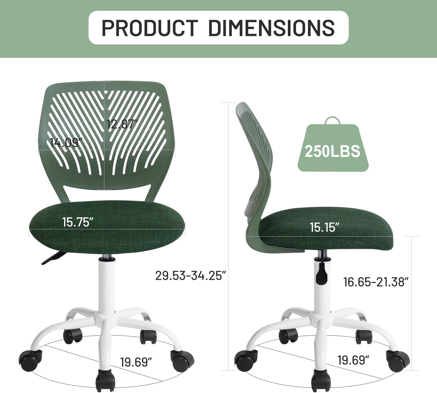 FurnitureR Kids Swivel Desk Chair, Height-Adjustable Armless Study Chair with Fabric Cushion & Ventilated Backrest, Smooth-Rolling Task Chair for Children & Teens, Perfect, Green