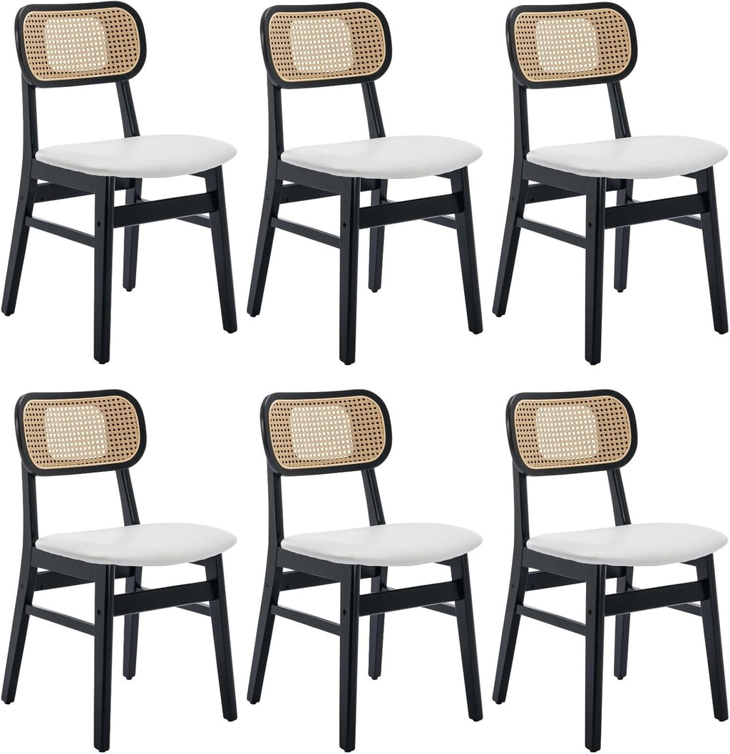 ROCITY Rattan Dining Chairs Set of 6 Black Wooden Dining Room Chairs White Faux Leather Kitchen Chairs with Back Farmhouse Side Chairs, Natural Wood