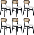 ROCITY Rattan Dining Chairs Set of 6 Black Wooden Dining Room Chairs White Faux Leather Kitchen Chairs with Back Farmhouse Side Chairs, Natural Wood