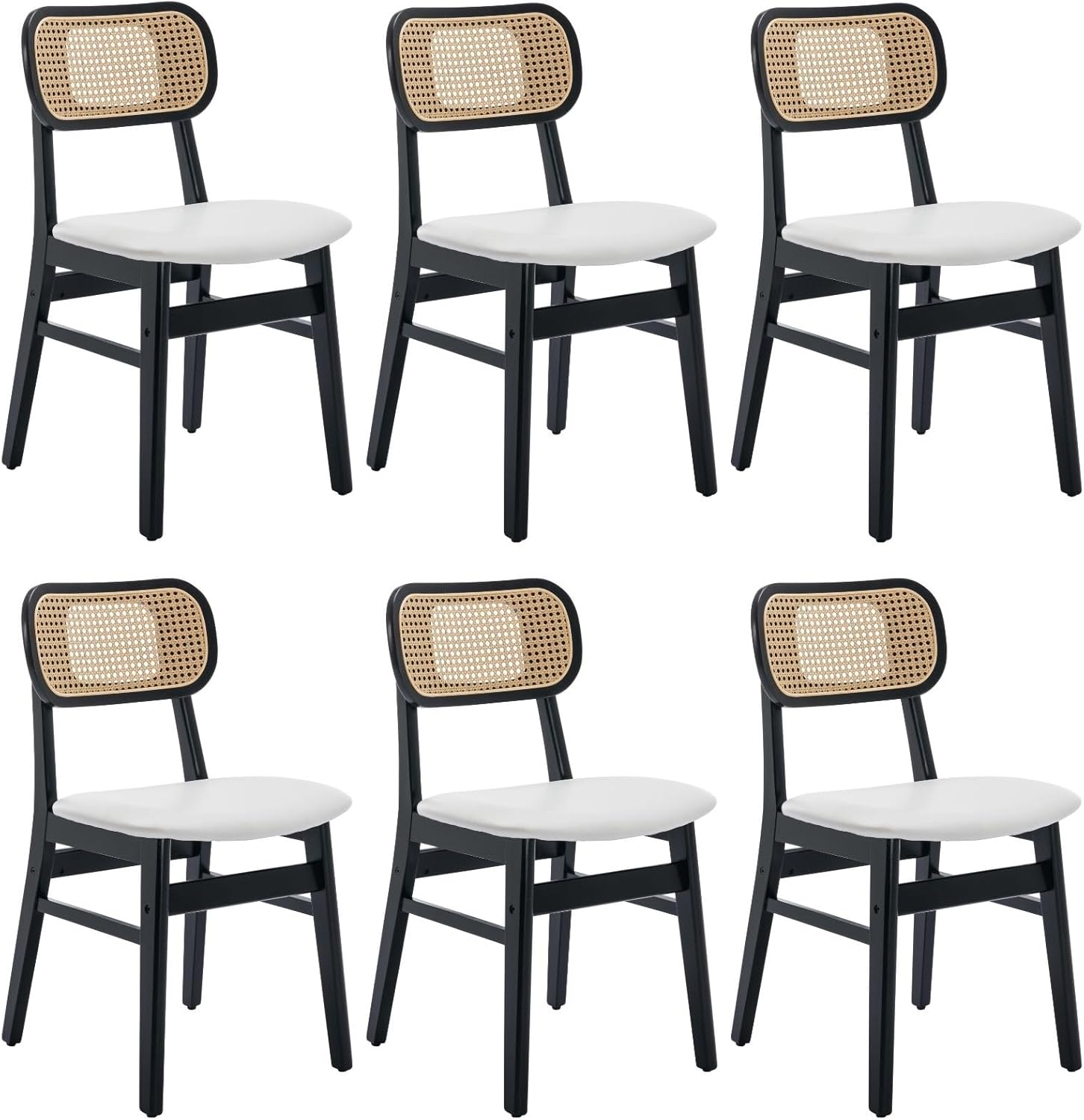 ROCITY Rattan Dining Chairs Set of 6 Black Wooden Dining Room Chairs White Faux Leather Kitchen Chairs with Back Farmhouse Side Chairs, Natural Wood