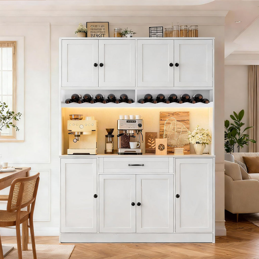 FJTJBSI 72" Tall Pantry Storage Cabinet with LED Light 55" Wide Kitchen Pantry Cabinet with Charging Station and Adjustable Shelves Modern Kitchen Hutch with Wine Rack and Large Countertop White