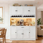 FJTJBSI 72" Tall Pantry Storage Cabinet with LED Light 55" Wide Kitchen Pantry Cabinet with Charging Station and Adjustable Shelves Modern Kitchen Hutch with Wine Rack and Large Countertop White
