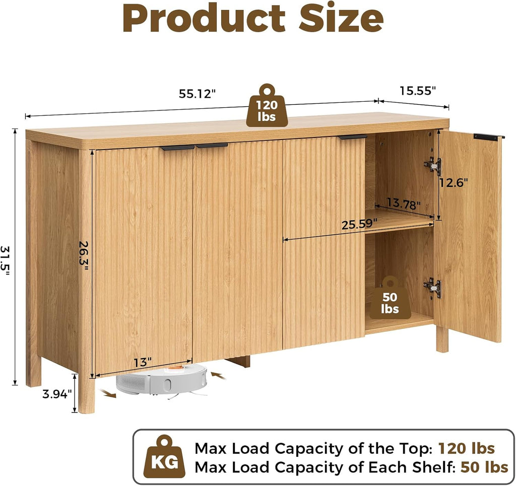 HOMMPA 55'' Sideboard Buffet Cabinet with Storage Fluted Sideboard Buffet with Adjustable Shelves Coffee Bar Console Table Cabinet for Hallway Entryway Living Room or Kitchen Natural