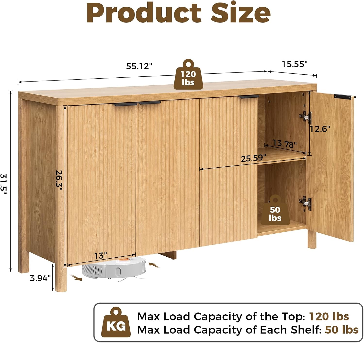 HOMMPA 55'' Sideboard Buffet Cabinet with Storage Fluted Sideboard Buffet with Adjustable Shelves Coffee Bar Console Table Cabinet for Hallway Entryway Living Room or Kitchen Natural