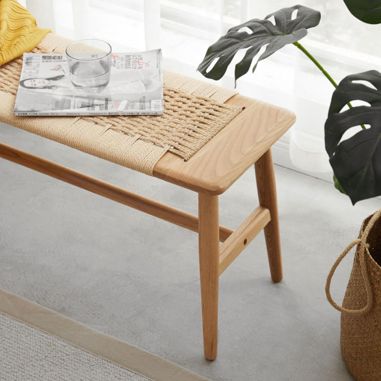 Wood Dining Bench,100% Natural Solid Oak with Rattan Design, Rounded Edge, Entryway Bench for Dining,Bedroom, Living Room (Beige Color, 31.49 inch)