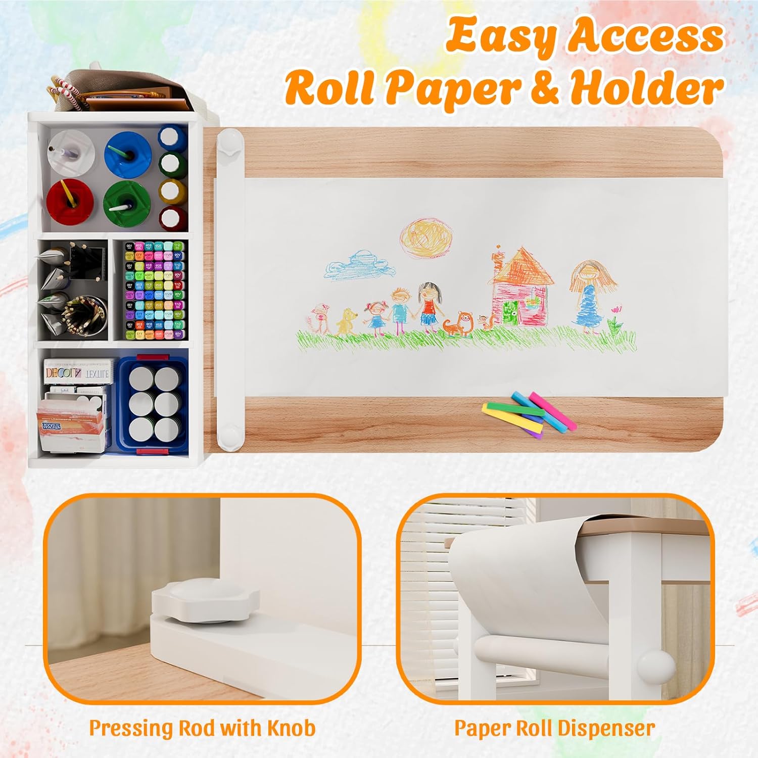 IKALIFE Kids Art Table and Chair - Toddler Craft Table and Chairs Set with 2 Chair & Bins, Large Storage Kids Activity Desk with Paper Roll for Playrooms & Classroom, 40" L x 20" W, Natural